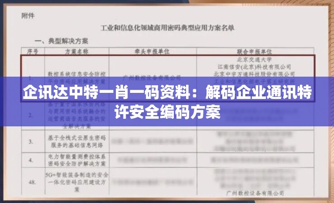 企訊達中特一肖一碼資料：解碼企業(yè)通訊特許安全編碼方案