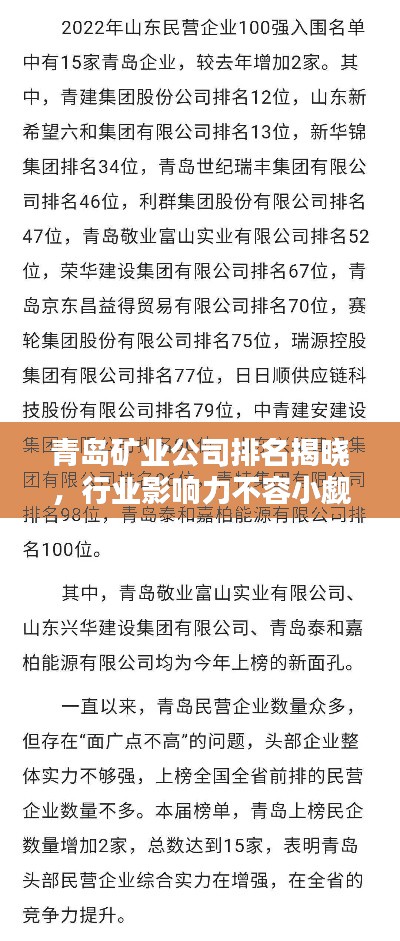 青島礦業(yè)公司排名揭曉，行業(yè)影響力不容小覷
